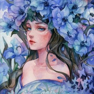 Blue Flowers and Girl